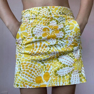 J Crew Mini Skirt Size 12 Yellow 70’s Flower Colorful Pockets Stretch Comfort